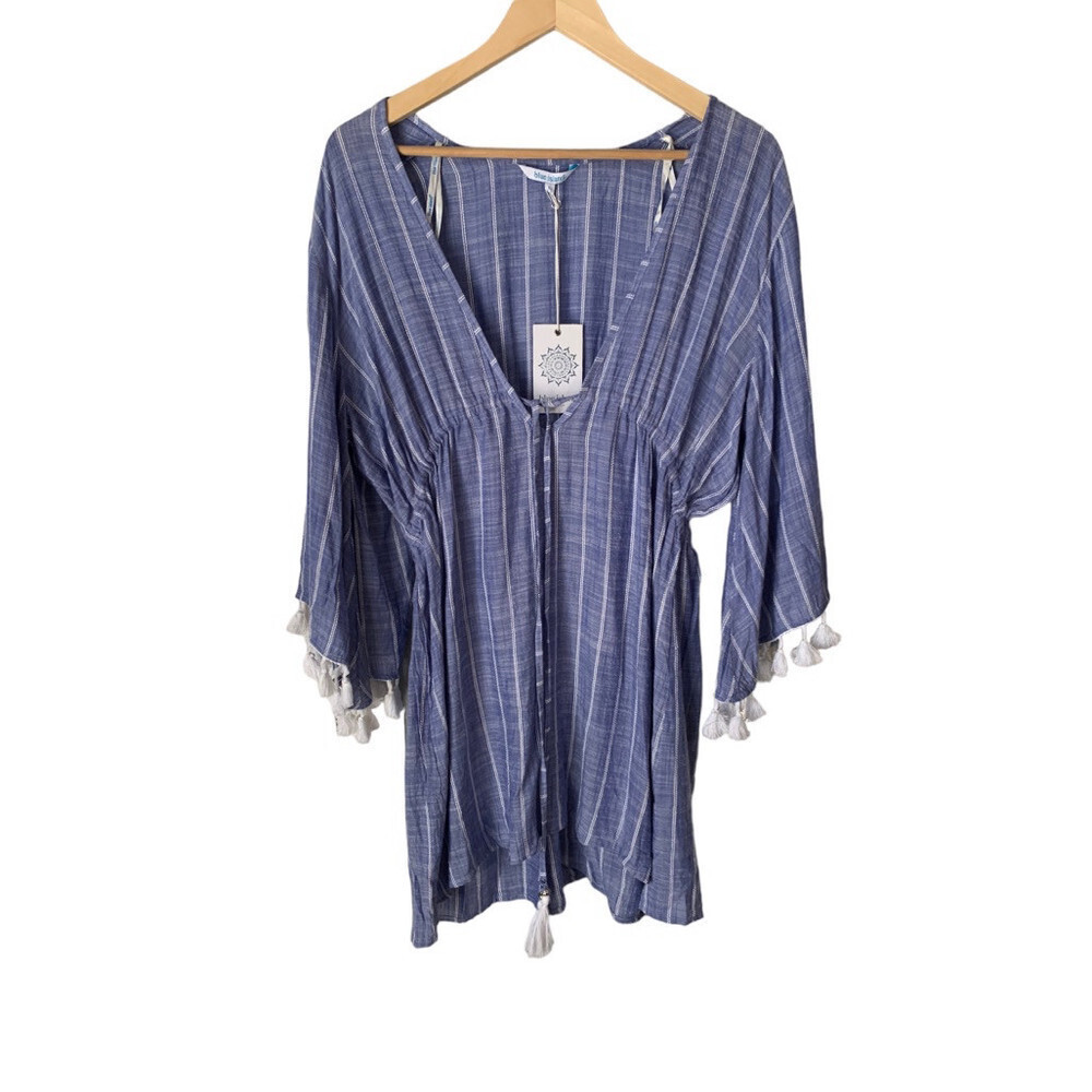 BLUE ISLAND Beach Swim Tassle Blue Stripe V-Neck Coverup Dress Top Women Large